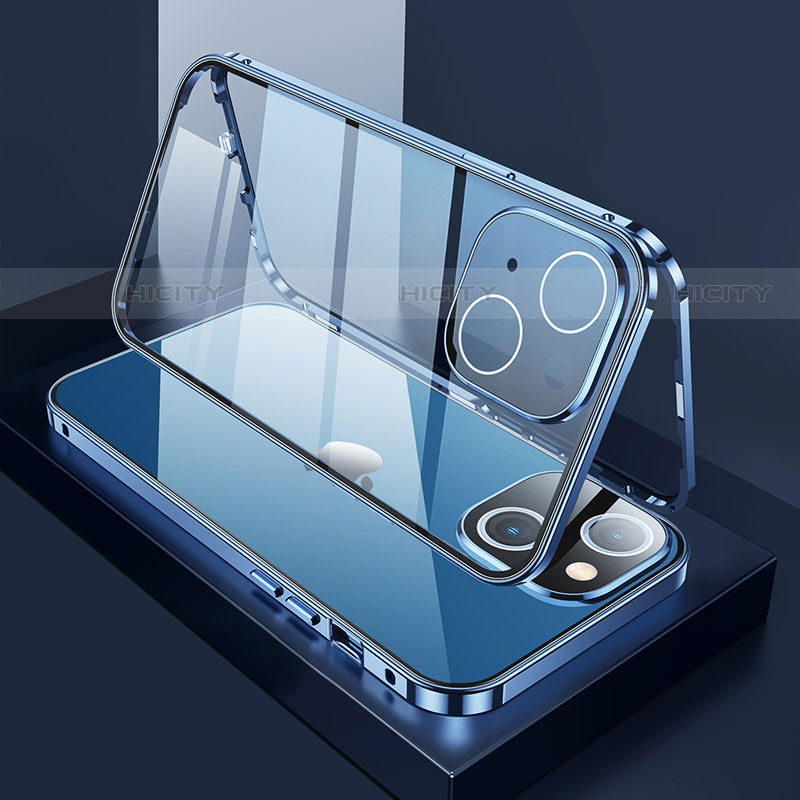 Funda Bumper Lujo Marco de Aluminio Espejo 360 Grados Carcasa M01 para Apple iPhone 14 Azul