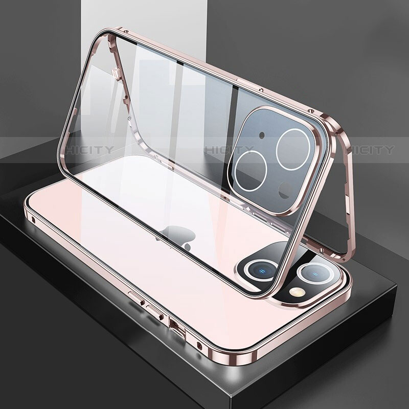 Funda Bumper Lujo Marco de Aluminio Espejo 360 Grados Carcasa M01 para Apple iPhone 14 Oro Rosa