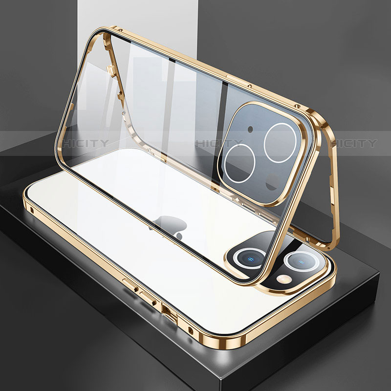 Funda Bumper Lujo Marco de Aluminio Espejo 360 Grados Carcasa M01 para Apple iPhone 14 Plus Oro