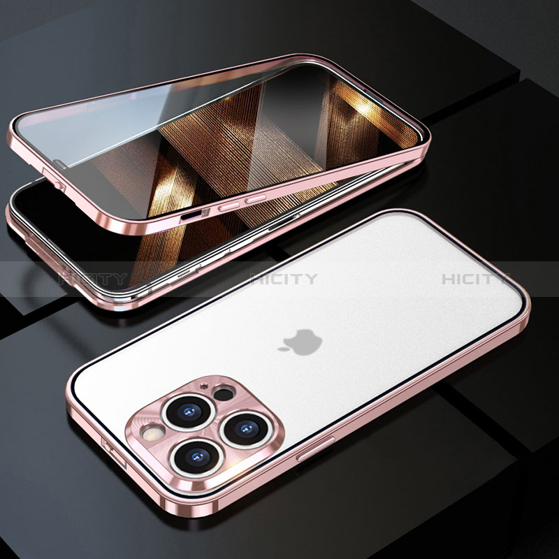 Funda Bumper Lujo Marco de Aluminio Espejo 360 Grados Carcasa M01 para Apple iPhone 14 Pro Oro Rosa