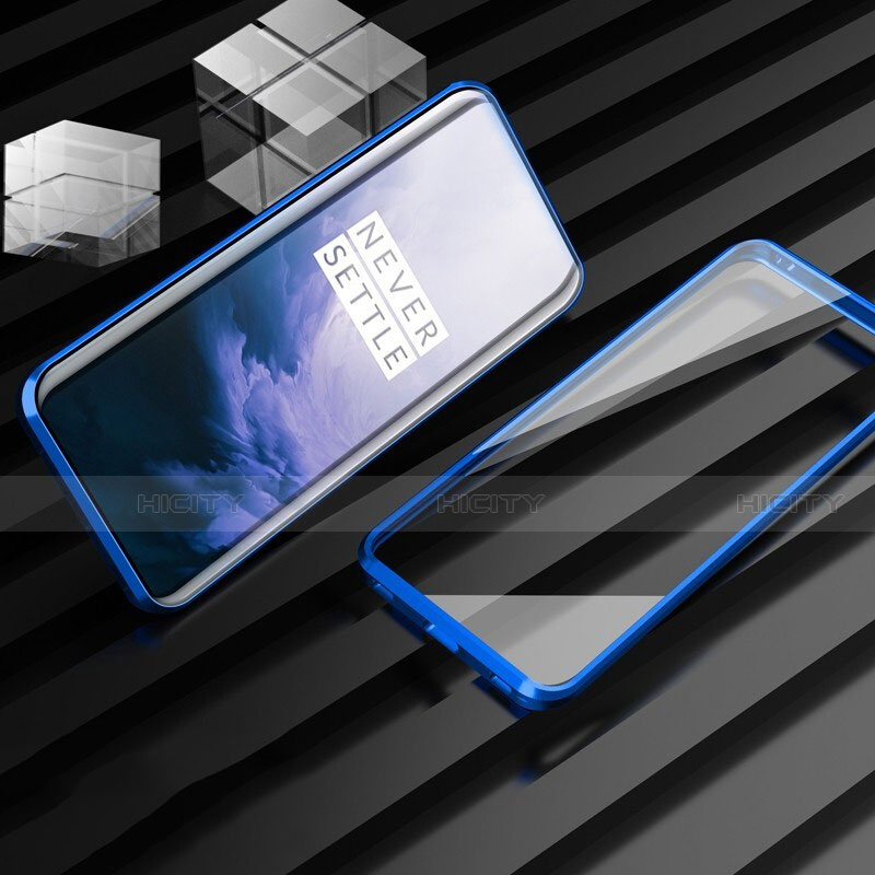 Funda Bumper Lujo Marco de Aluminio Espejo 360 Grados Carcasa M01 para OnePlus 7T Pro 5G Azul