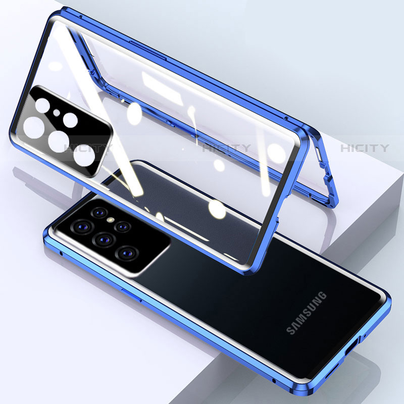 Funda Bumper Lujo Marco de Aluminio Espejo 360 Grados Carcasa M01 para Samsung Galaxy S22 Ultra 5G Azul
