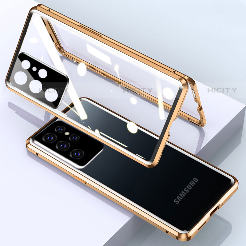 Funda Bumper Lujo Marco de Aluminio Espejo 360 Grados Carcasa M01 para Samsung Galaxy S22 Ultra 5G Oro