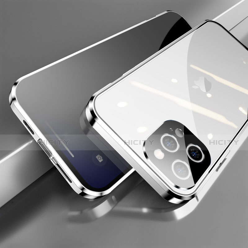 Funda Bumper Lujo Marco de Aluminio Espejo 360 Grados Carcasa M04 para Apple iPhone 13 Pro Plata