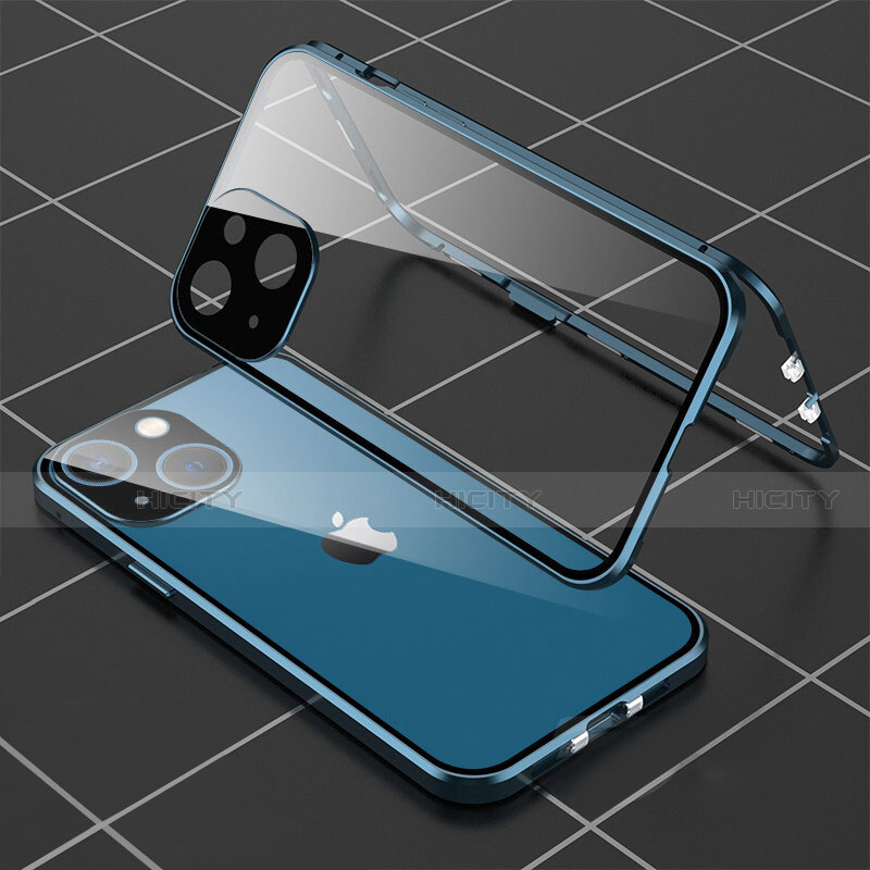 Funda Bumper Lujo Marco de Aluminio Espejo 360 Grados Carcasa M04 para Apple iPhone 14 Azul