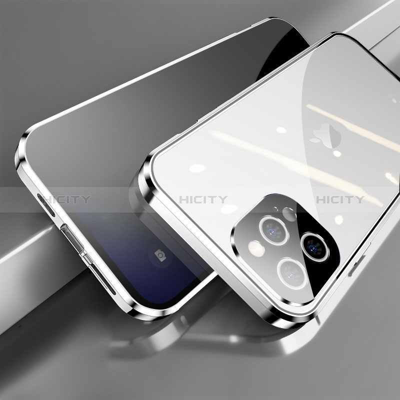 Funda Bumper Lujo Marco de Aluminio Espejo 360 Grados Carcasa M04 para Apple iPhone 14 Pro Max Plata