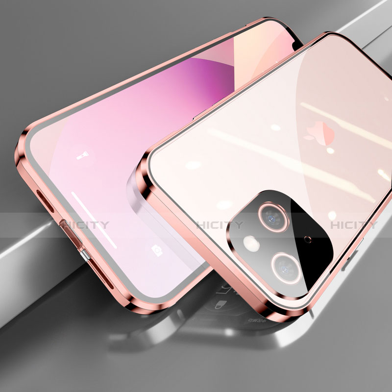 Funda Bumper Lujo Marco de Aluminio Espejo 360 Grados Carcasa M05 para Apple iPhone 13 Mini Oro Rosa