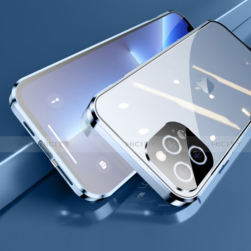 Funda Bumper Lujo Marco de Aluminio Espejo 360 Grados Carcasa M05 para Apple iPhone 13 Pro Azul