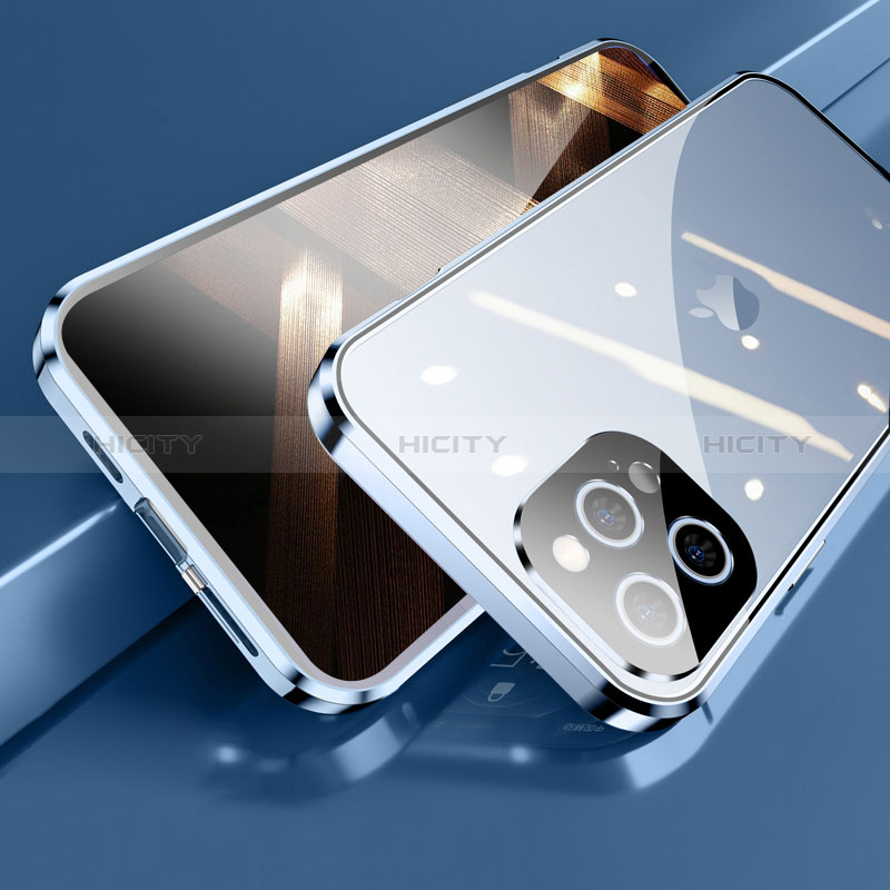 Funda Bumper Lujo Marco de Aluminio Espejo 360 Grados Carcasa M05 para Apple iPhone 14 Pro Max Azul