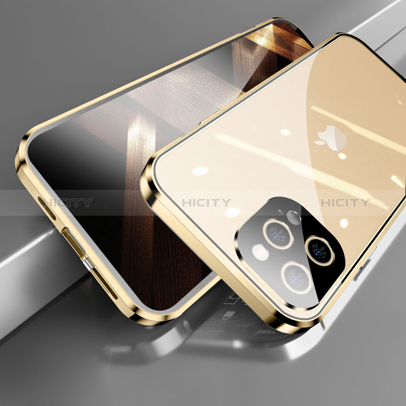 Funda Bumper Lujo Marco de Aluminio Espejo 360 Grados Carcasa M05 para Apple iPhone 14 Pro Max Oro