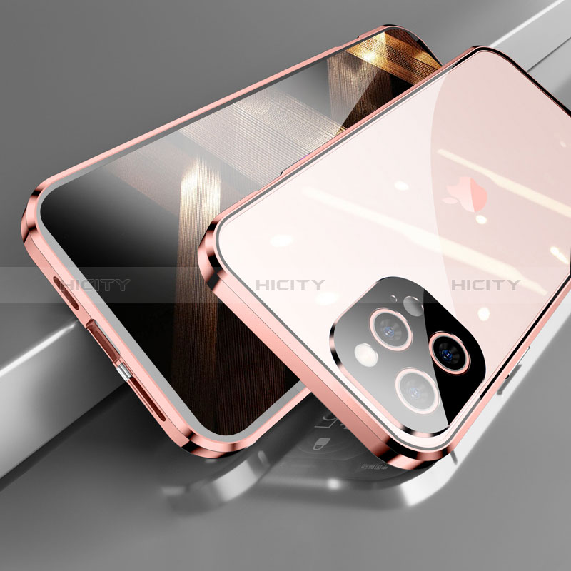 Funda Bumper Lujo Marco de Aluminio Espejo 360 Grados Carcasa M05 para Apple iPhone 14 Pro Max Oro Rosa