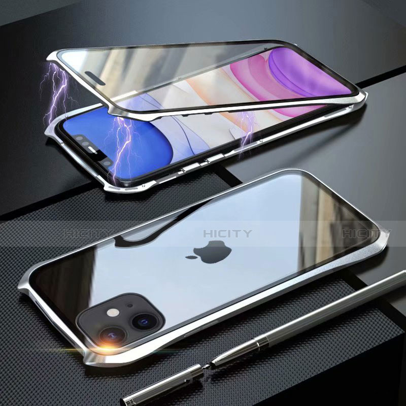 Funda Bumper Lujo Marco de Aluminio Espejo 360 Grados Carcasa M06 para Apple iPhone 11 Plata