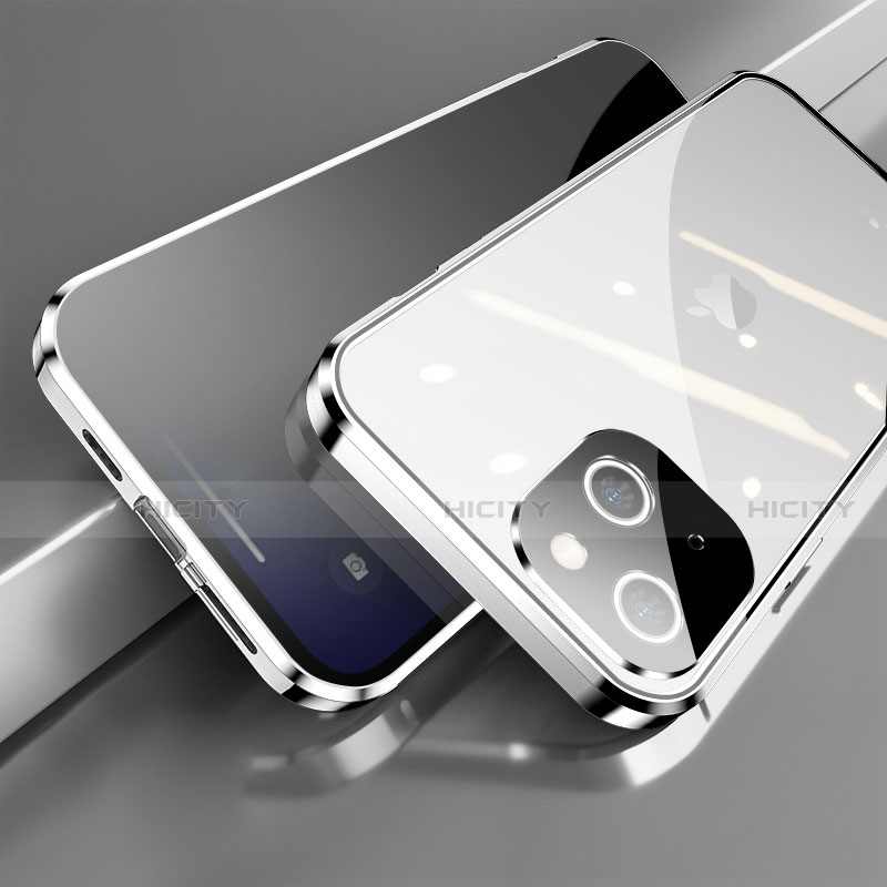 Funda Bumper Lujo Marco de Aluminio Espejo 360 Grados Carcasa M06 para Apple iPhone 14 Plus Plata