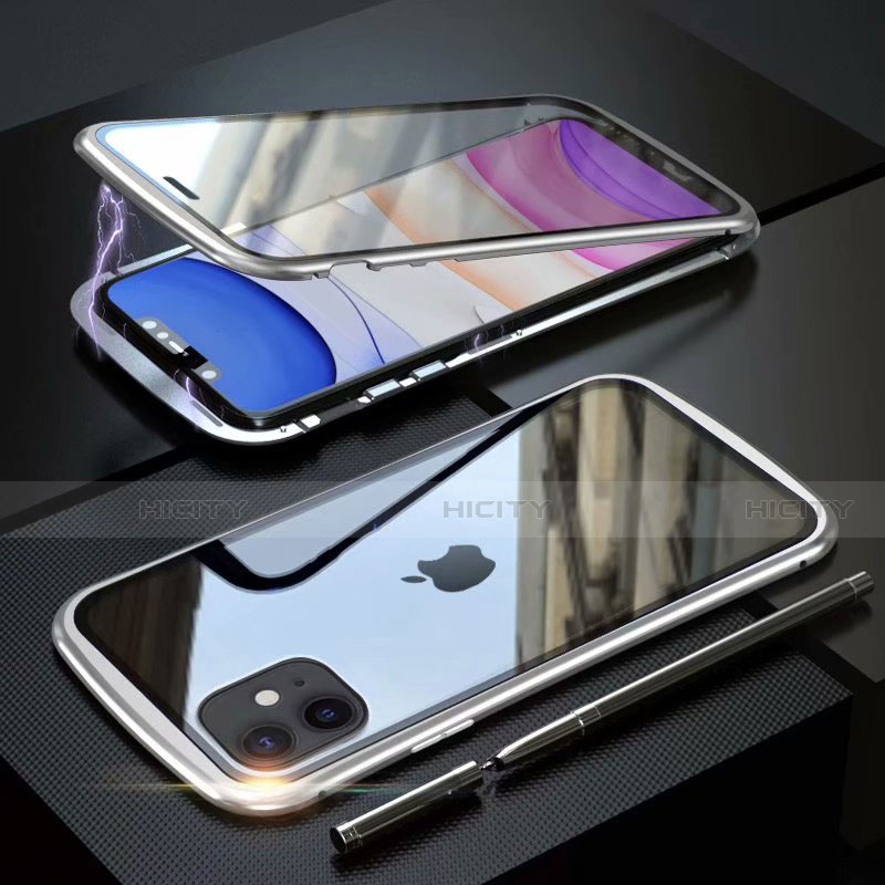 Funda Bumper Lujo Marco de Aluminio Espejo 360 Grados Carcasa M07 para Apple iPhone 11 Plata