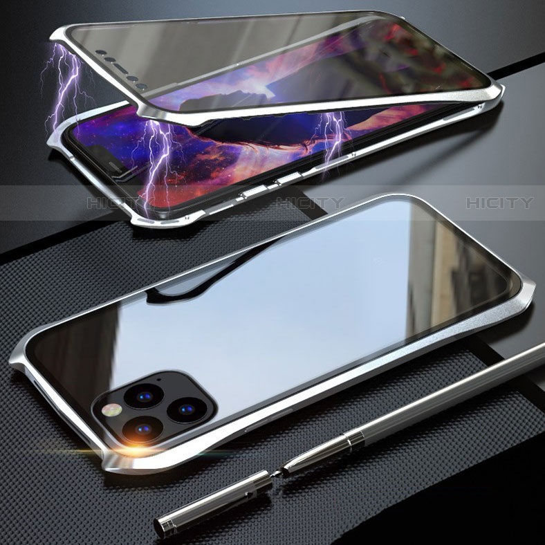 Funda Bumper Lujo Marco de Aluminio Espejo 360 Grados Carcasa M07 para Apple iPhone 11 Pro Max Plata