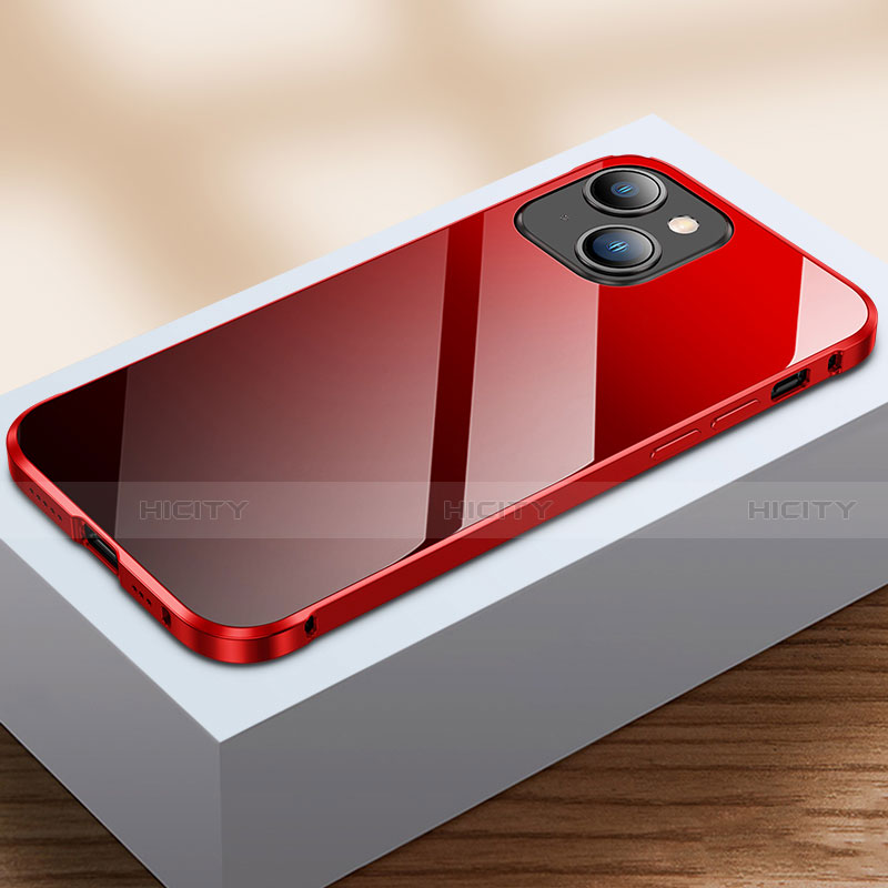 Funda Bumper Lujo Marco de Aluminio Espejo 360 Grados Carcasa M07 para Apple iPhone 14 Plus Rojo y Negro