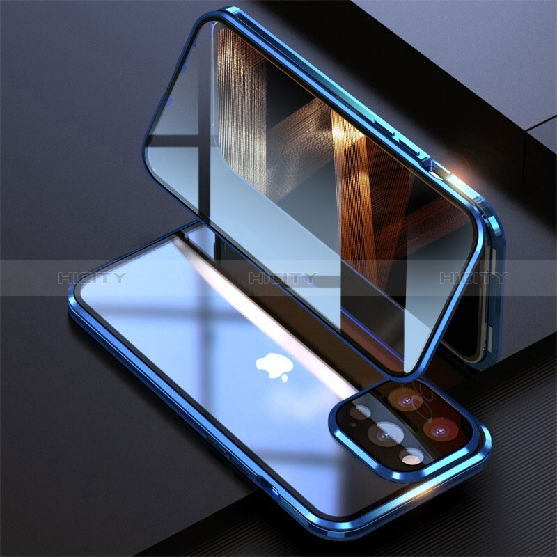 Funda Bumper Lujo Marco de Aluminio Espejo 360 Grados Carcasa M08 para Apple iPhone 14 Pro Azul
