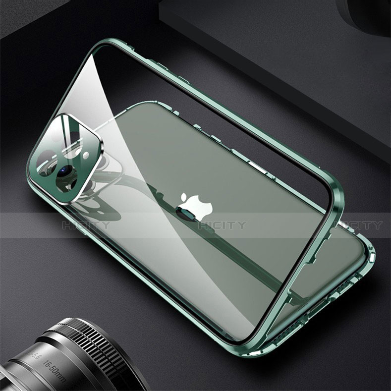 Funda Bumper Lujo Marco de Aluminio Espejo 360 Grados Carcasa M09 para Apple iPhone 13 Pro Max Verde