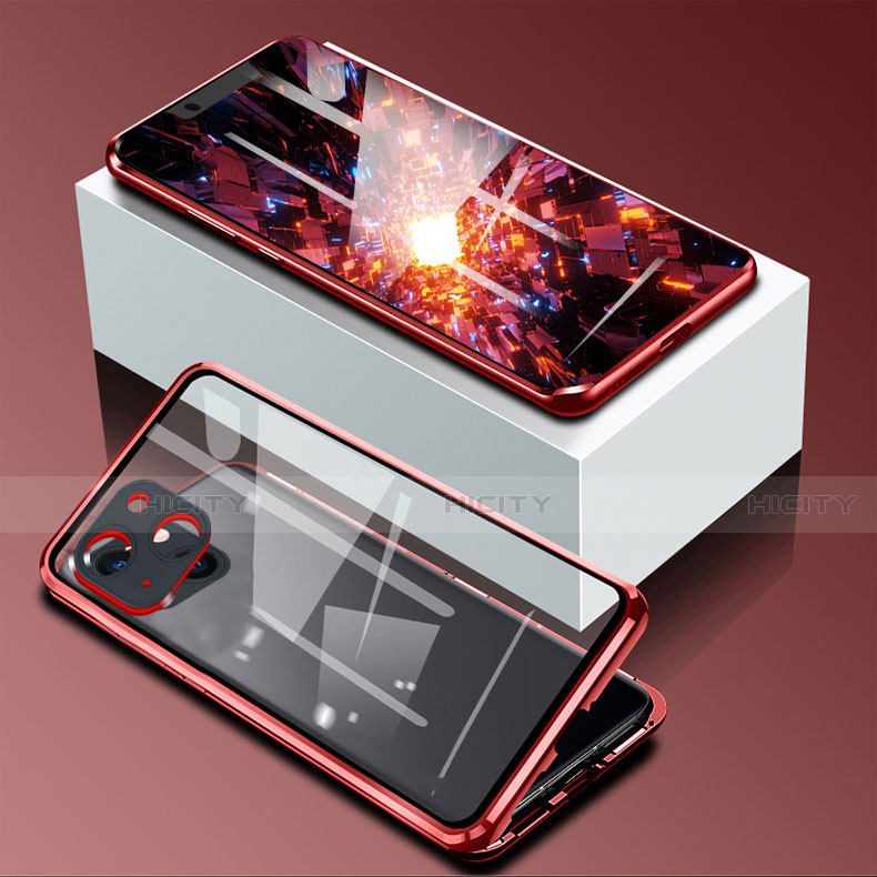 Funda Bumper Lujo Marco de Aluminio Espejo 360 Grados Carcasa M09 para Apple iPhone 13 Rojo