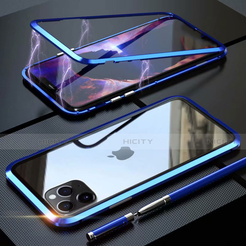 Funda Bumper Lujo Marco de Aluminio Espejo 360 Grados Carcasa M14 para Apple iPhone 11 Pro Max Azul Cielo