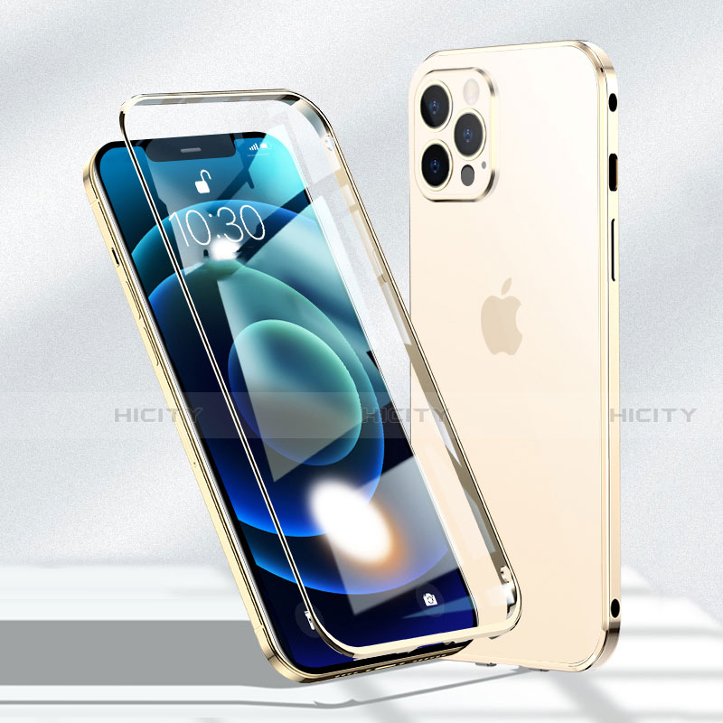 Funda Bumper Lujo Marco de Aluminio Espejo 360 Grados Carcasa N01 para Apple iPhone 12 Pro Oro