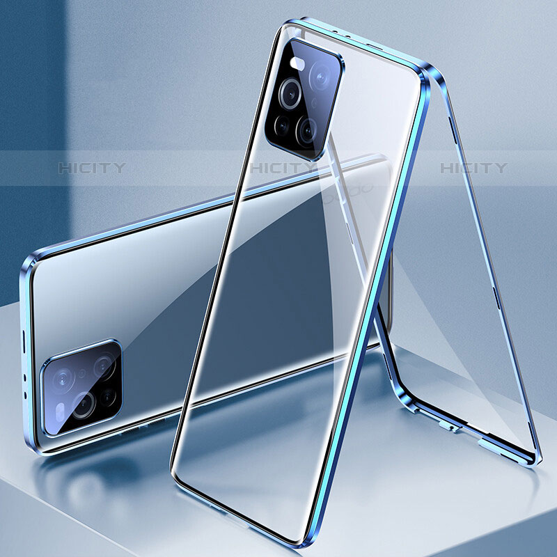 Funda Bumper Lujo Marco de Aluminio Espejo 360 Grados Carcasa P01 para Oppo Find X3 Pro 5G Azul