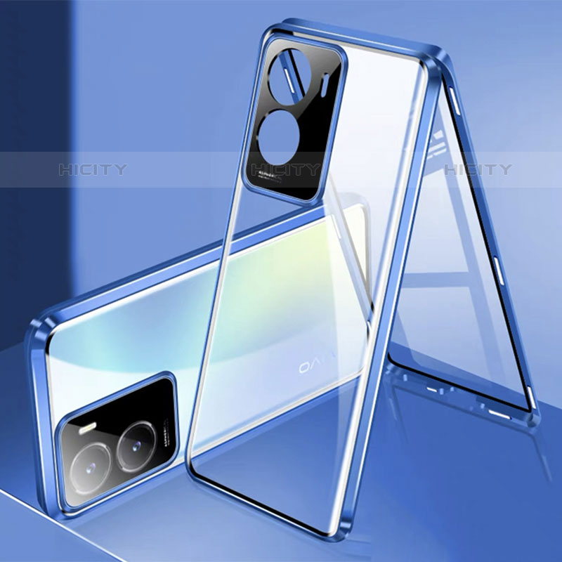 Funda Bumper Lujo Marco de Aluminio Espejo 360 Grados Carcasa P01 para Vivo iQOO Z7 5G Azul