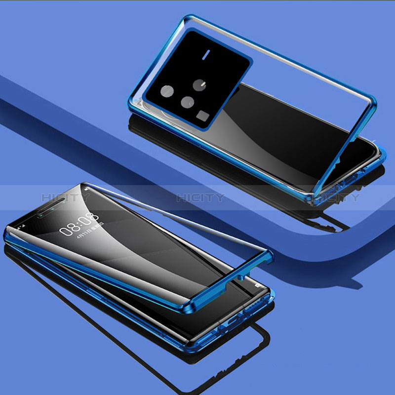 Funda Bumper Lujo Marco de Aluminio Espejo 360 Grados Carcasa P01 para Vivo X80 Pro 5G Azul