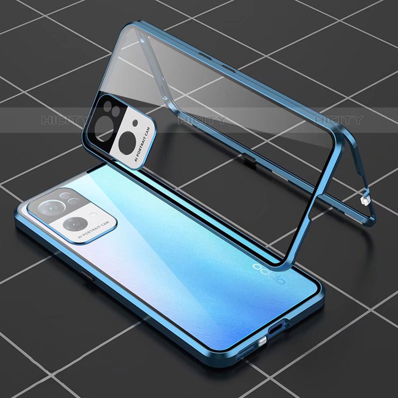 Funda Bumper Lujo Marco de Aluminio Espejo 360 Grados Carcasa P02 para Oppo Reno7 Pro 5G Azul