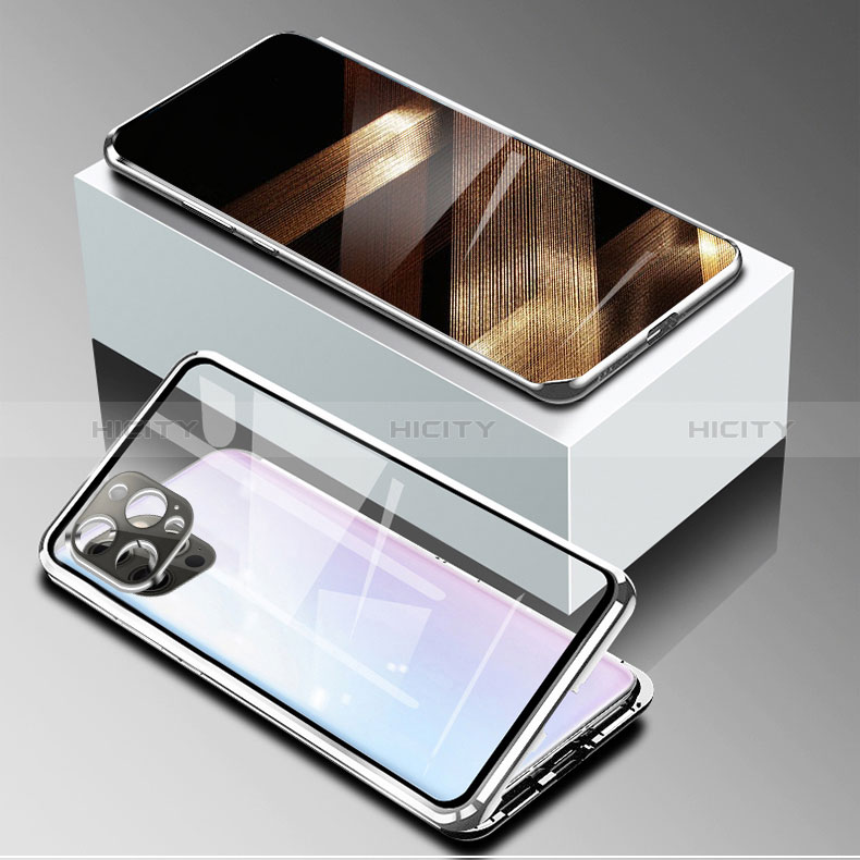 Funda Bumper Lujo Marco de Aluminio Espejo 360 Grados Carcasa para Apple iPhone 14 Pro Plata