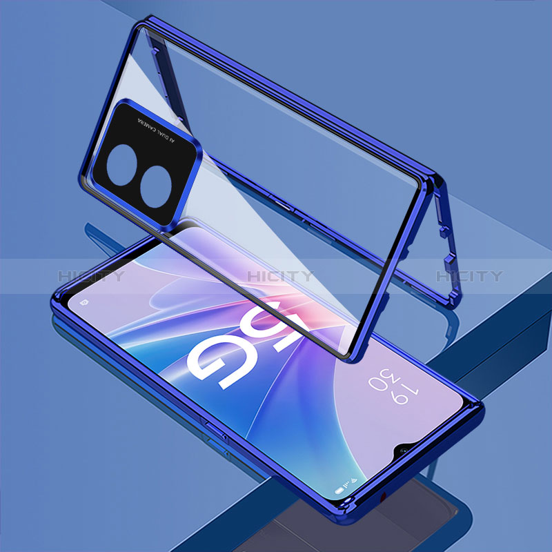 Funda Bumper Lujo Marco de Aluminio Espejo 360 Grados Carcasa para Oppo A58x 5G Azul