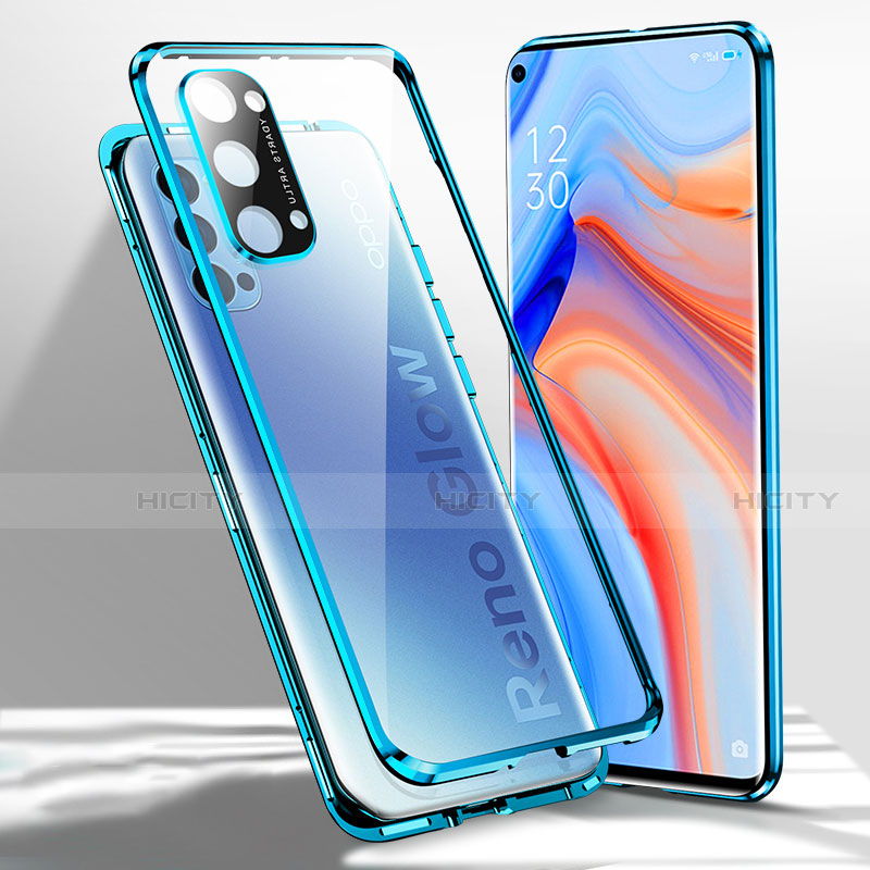 Funda Bumper Lujo Marco de Aluminio Espejo 360 Grados Carcasa para Oppo Reno4 Pro 5G Azul