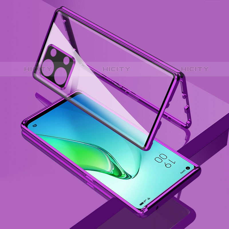 Funda Bumper Lujo Marco de Aluminio Espejo 360 Grados Carcasa para Oppo Reno8 5G Morado