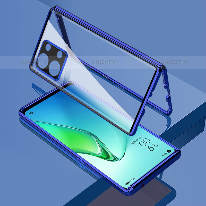 Funda Bumper Lujo Marco de Aluminio Espejo 360 Grados Carcasa para Oppo Reno9 Pro 5G Azul