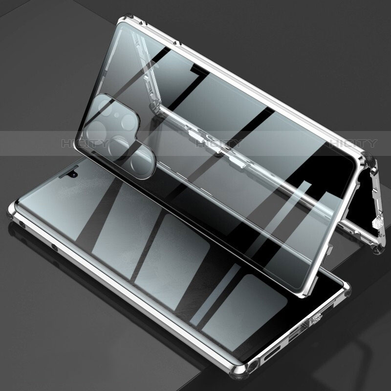 Funda Bumper Lujo Marco de Aluminio Espejo 360 Grados Carcasa para Samsung Galaxy S21 Ultra 5G Plata
