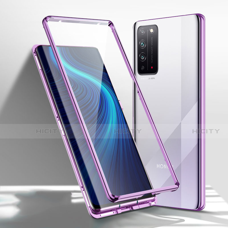 Funda Bumper Lujo Marco de Aluminio Espejo 360 Grados Carcasa T01 para Huawei Honor X10 5G Morado