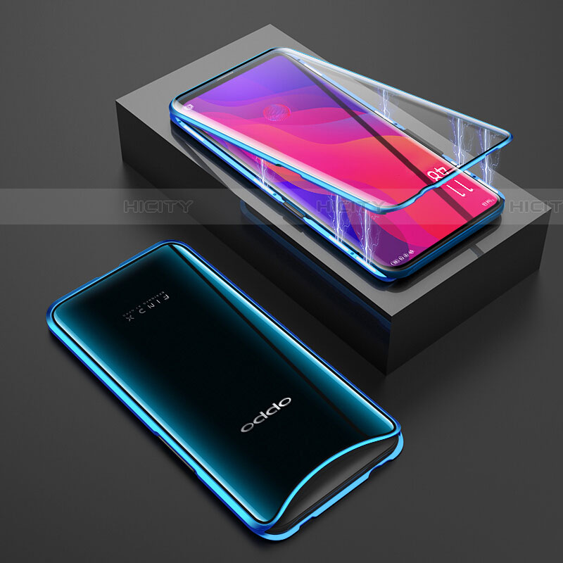 Funda Bumper Lujo Marco de Aluminio Espejo 360 Grados Carcasa T01 para Oppo Find X Super Flash Edition Azul