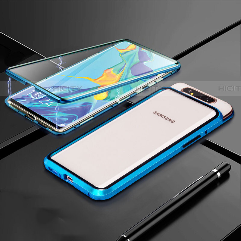 Funda Bumper Lujo Marco de Aluminio Espejo 360 Grados Carcasa T01 para Samsung Galaxy A80 Azul