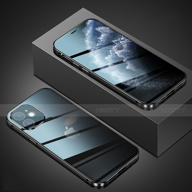 Funda Bumper Lujo Marco de Aluminio Espejo 360 Grados Carcasa T02 para Apple iPhone 12 Negro