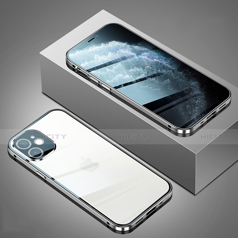 Funda Bumper Lujo Marco de Aluminio Espejo 360 Grados Carcasa T02 para Apple iPhone 12 Plata