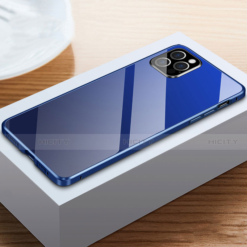 Funda Bumper Lujo Marco de Aluminio Espejo 360 Grados Carcasa T03 para Apple iPhone 12 Pro Max Azul