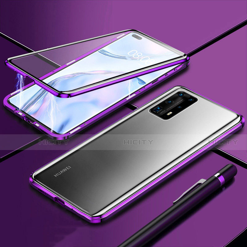 Funda Bumper Lujo Marco de Aluminio Espejo 360 Grados Carcasa T04 para Huawei P40 Pro+ Plus Morado