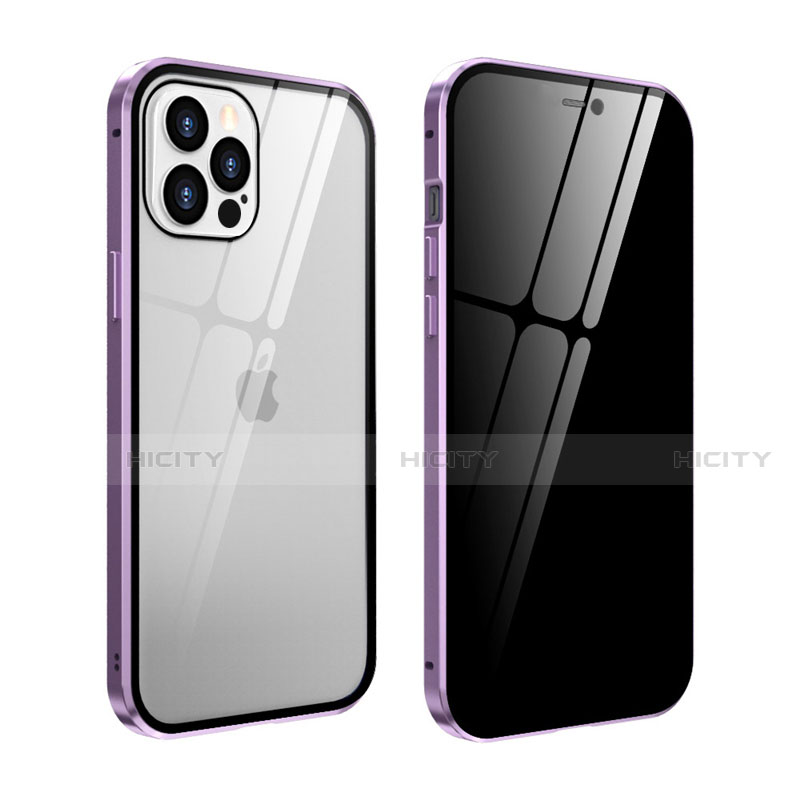 Funda Bumper Lujo Marco de Aluminio Espejo 360 Grados Carcasa T05 para Apple iPhone 12 Pro Purpura Claro