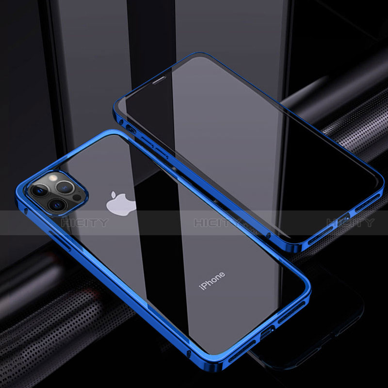 Funda Bumper Lujo Marco de Aluminio Espejo 360 Grados Carcasa T06 para Apple iPhone 12 Pro Azul
