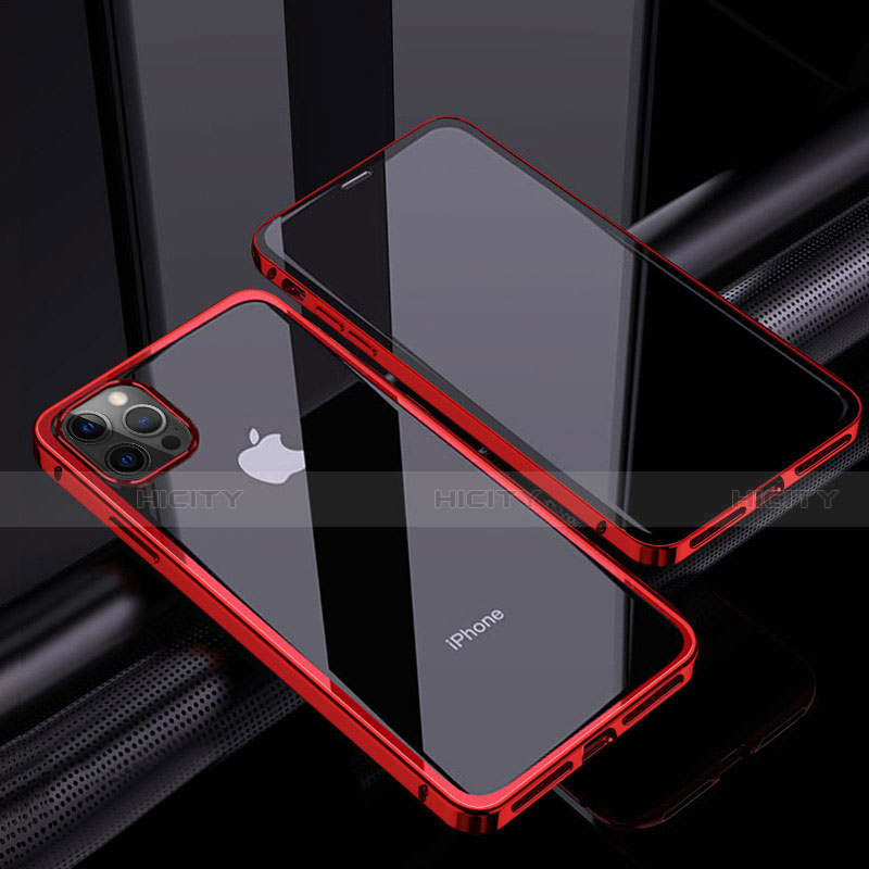 Funda Bumper Lujo Marco de Aluminio Espejo 360 Grados Carcasa T06 para Apple iPhone 12 Pro Rojo