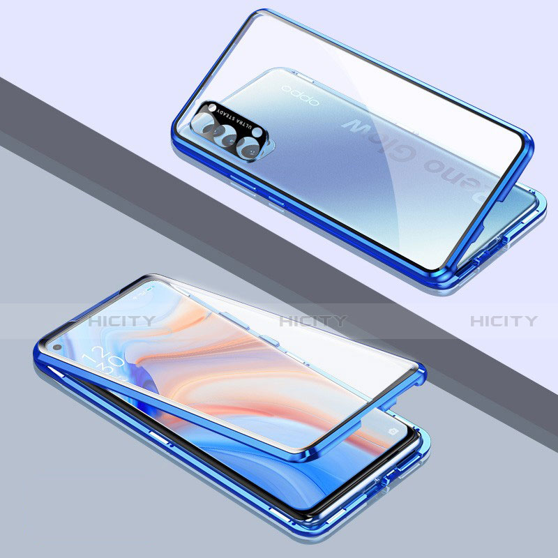 Funda Bumper Lujo Marco de Aluminio Espejo 360 Grados Carcasa T06 para Oppo Reno4 5G Azul