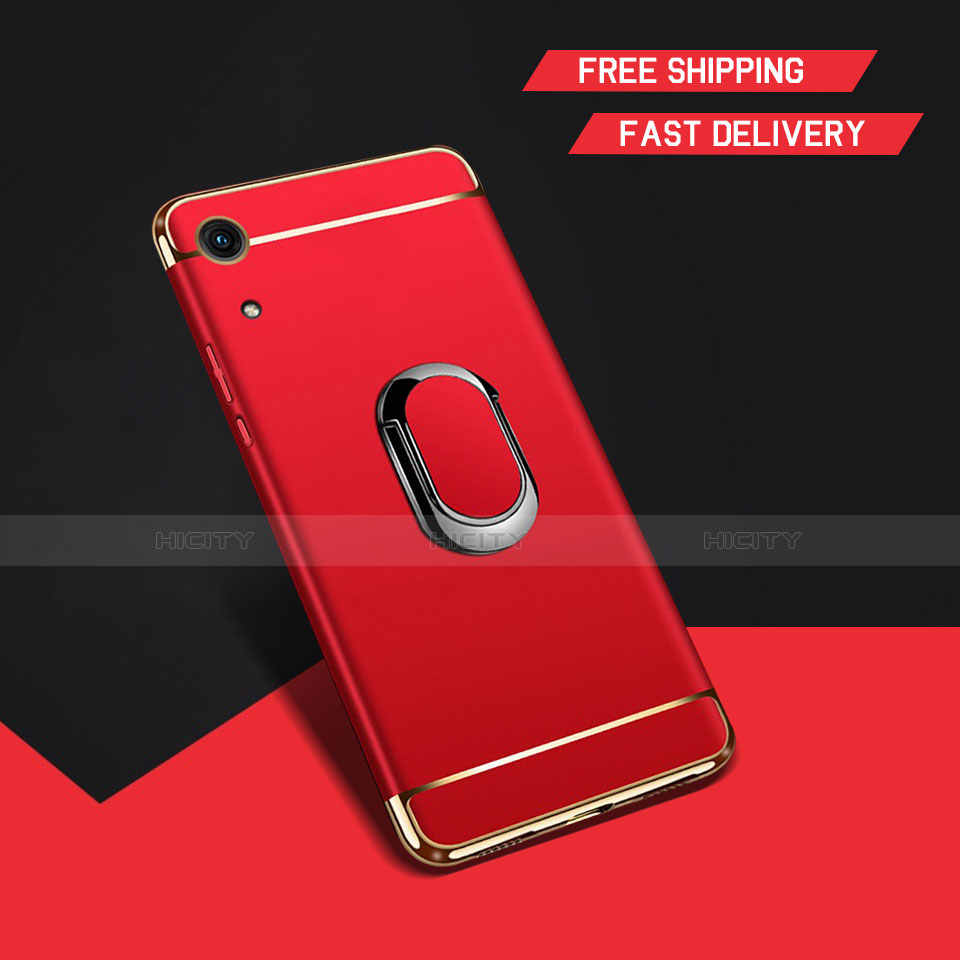 Funda Bumper Lujo Marco de Metal y Plastico Carcasa con Anillo de dedo Soporte A01 para Huawei Honor Play 8A Rojo