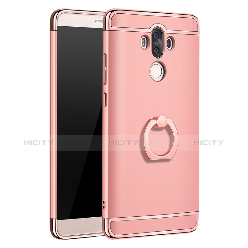 Funda Bumper Lujo Marco de Metal y Plastico Carcasa con Anillo de dedo Soporte A01 para Huawei Mate 9 Oro Rosa