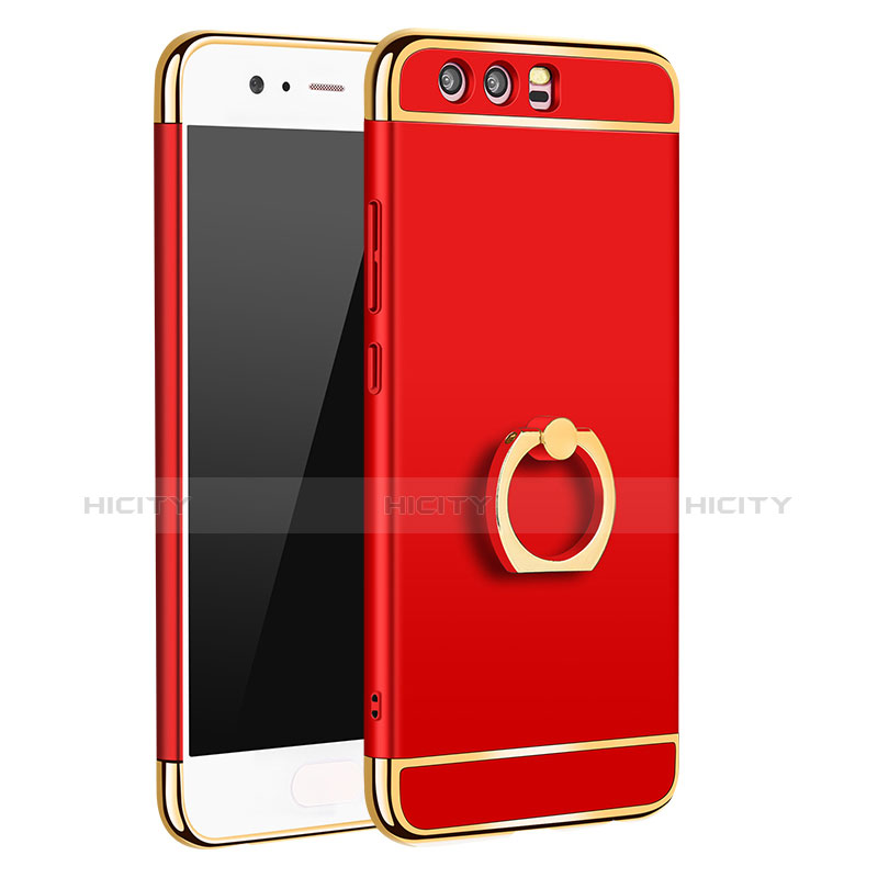 Funda Bumper Lujo Marco de Metal y Plastico Carcasa con Anillo de dedo Soporte A01 para Huawei P10 Plus Rojo