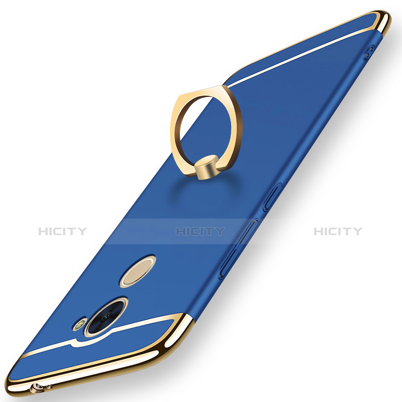 Funda Bumper Lujo Marco de Metal y Plastico Carcasa con Anillo de dedo Soporte A01 para Huawei Y7 Prime Azul